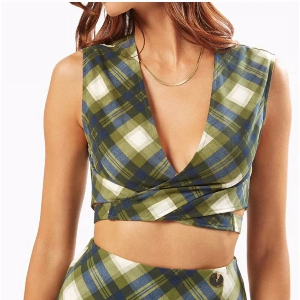 WeWoreWhat 3 Piece Suit Set Size L Cropped Blazer Skort Wrap Top Green Plaid